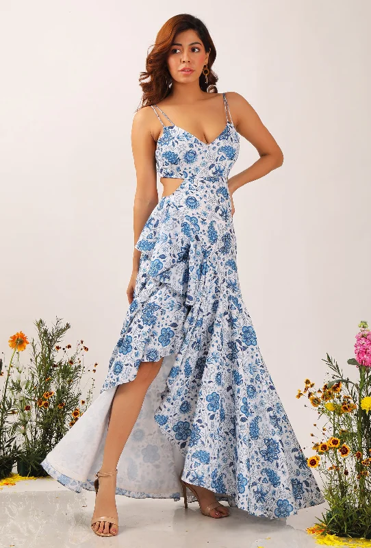 Serena Floral Chintz Fuffled Slitted Long Backless Dress