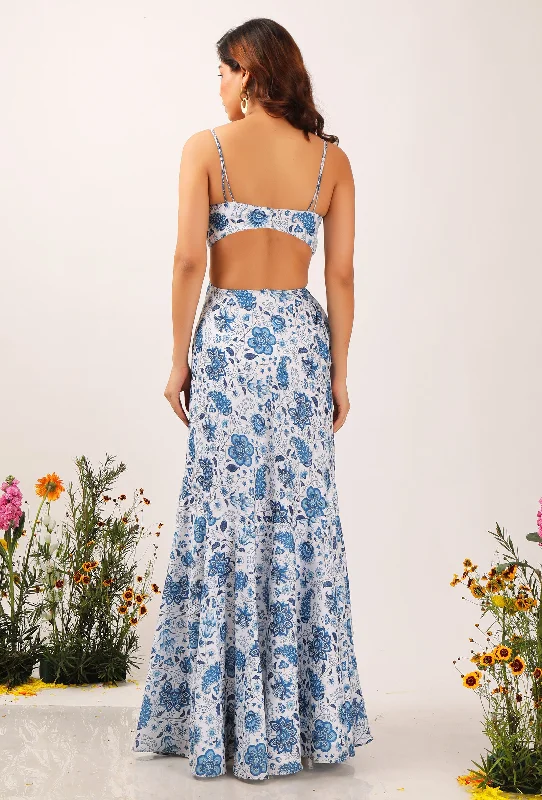 Serena Floral Chintz Fuffled Slitted Long Backless Dress