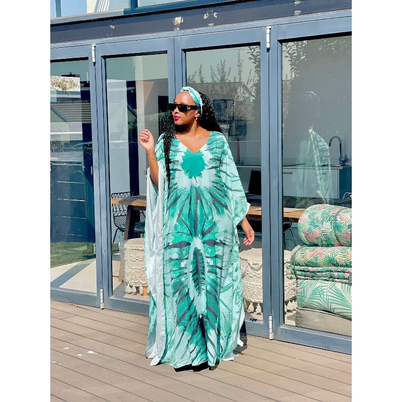 Tie-Die Emerald Green Print Silk Caftan Dress