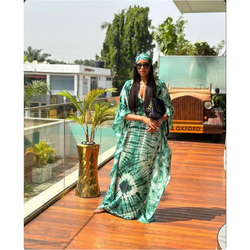 Tie-Die Emerald Green Print Silk Caftan Dress