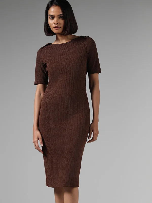 Wardrobe Brown Ribbed Pencil Fit Dress