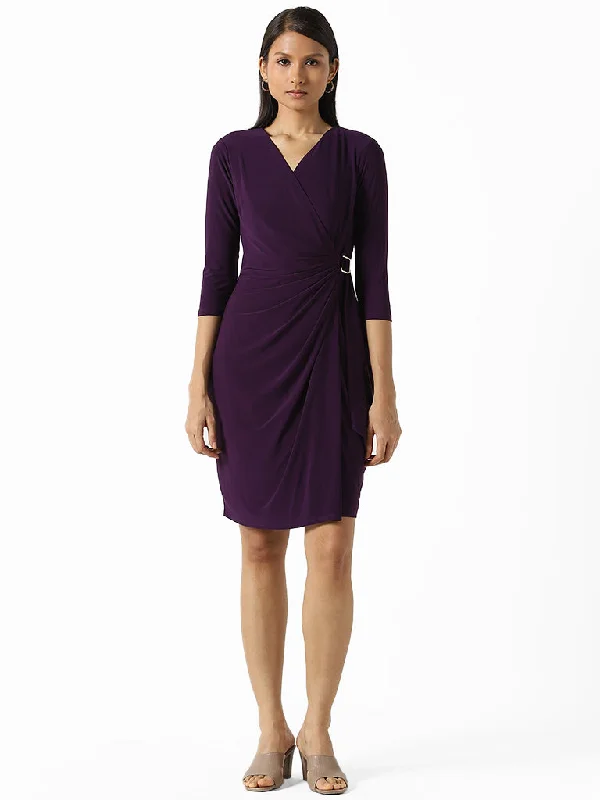 Wardrobe Solid Dark Purple Wrap Dress