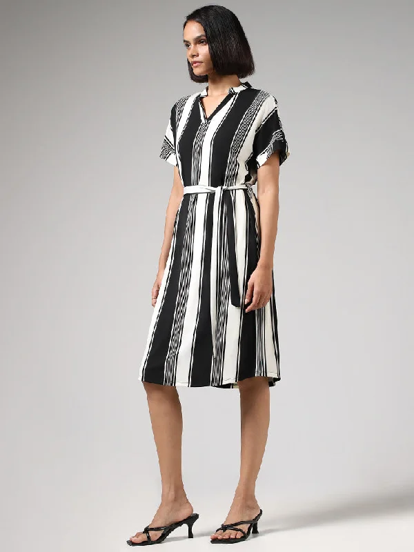 Wardrobe Striped White & Black A-Line Dress with Belt