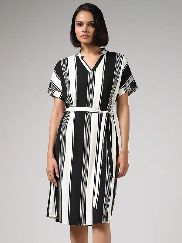 Wardrobe Striped White & Black A-Line Dress with Belt