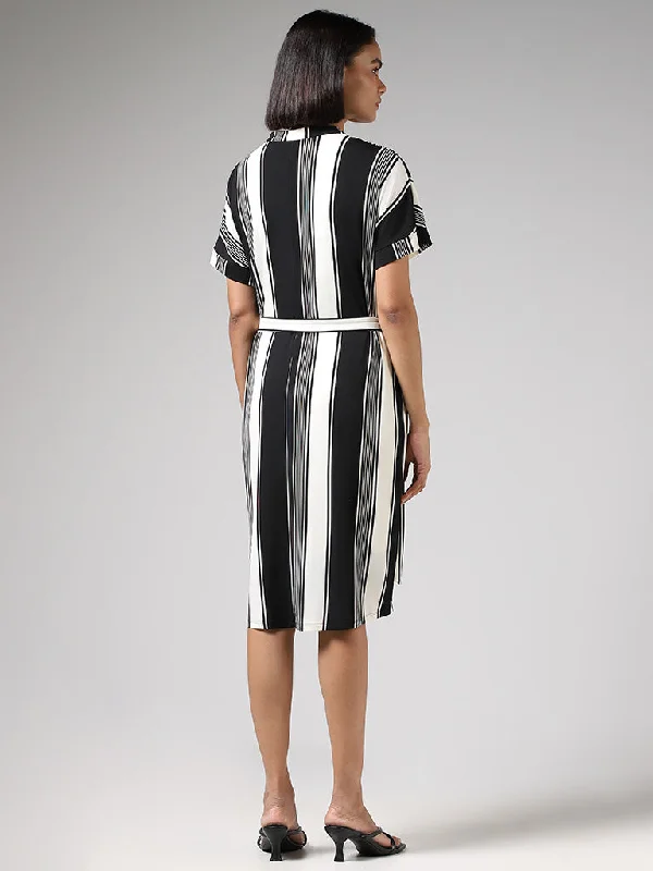 Wardrobe Striped White & Black A-Line Dress with Belt