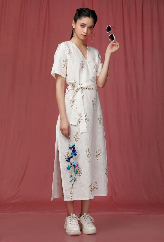 White Handblock Printed overlap Linen Dress