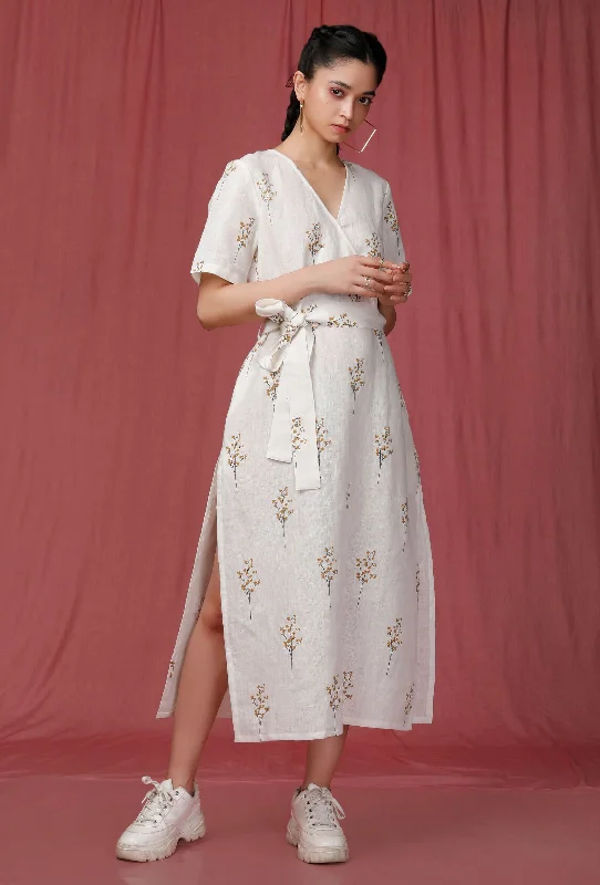 White Handblock Printed overlap Linen Dress