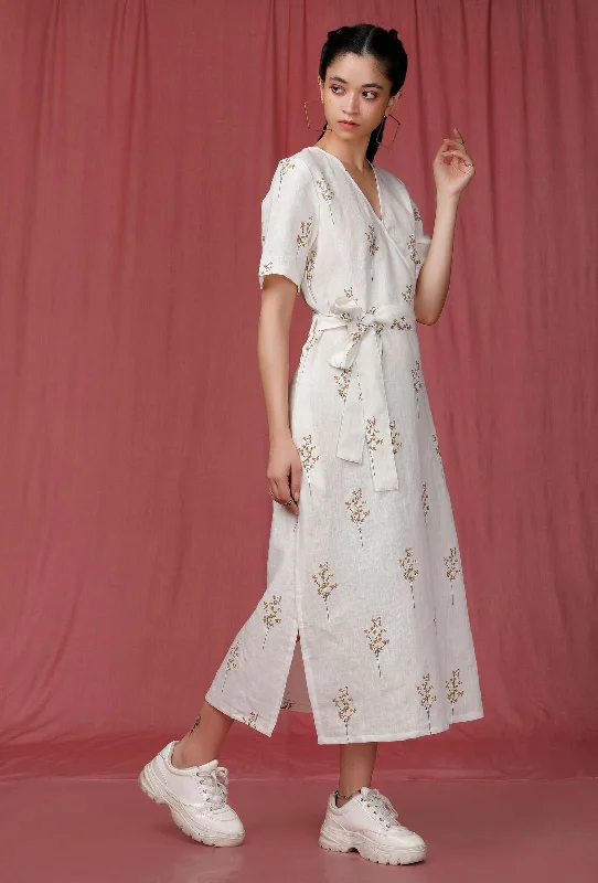 White Handblock Printed overlap Linen Dress