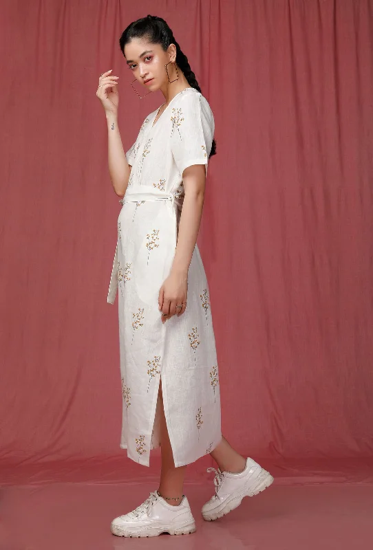 White Handblock Printed overlap Linen Dress