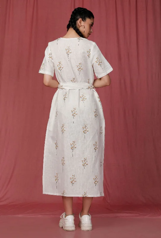 White Handblock Printed overlap Linen Dress