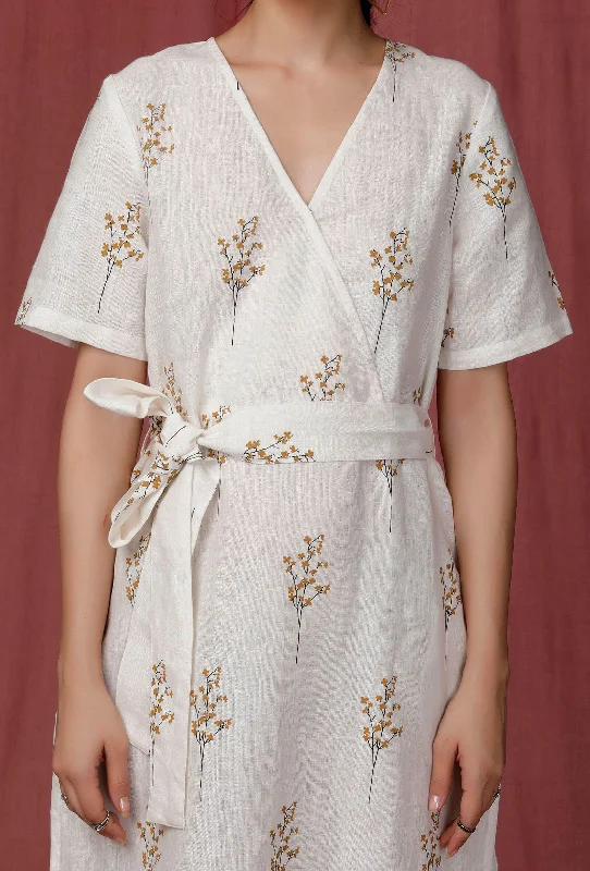 White Handblock Printed overlap Linen Dress