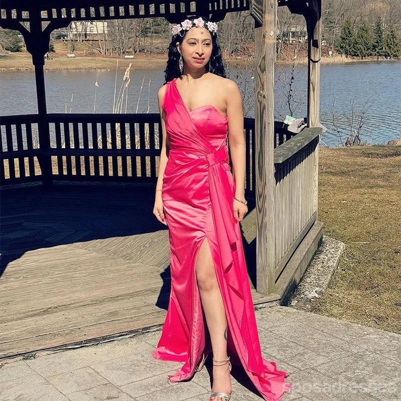 Sexy Hot Pink Mermaid One Shoulder Side Slit Maxi Long Bridesmaid Dresses,WG1774 Cotton maxi dresses