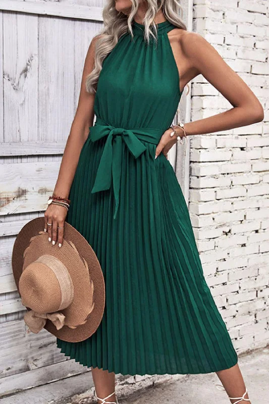 Tie Belt Pleated Midi Dress Party midi dresses